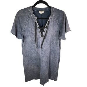 Umgee Distresses Lace Up V Neck Mini Dress Gray Size Small